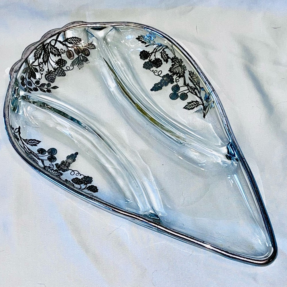 VTG Silver City Glass Co Springtime Berries 22k Silver Overlay Relish Dish RARE!